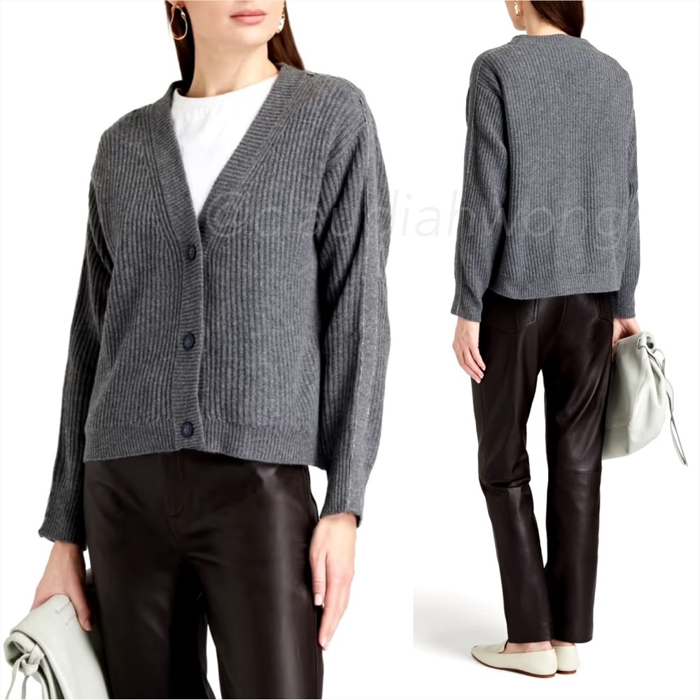 N.PEAL 100% Cashmere Monili Bead Embellished Ribbed Cardigan in Dark Grey